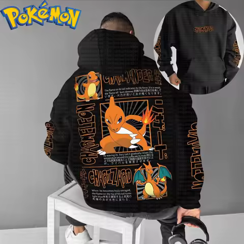 Pokemon Anime Charmander Charmeleon Charizard Cotton Hoodie Harajuku Pants Set Orange Black Flame Ev