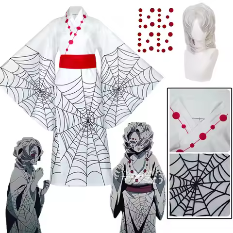 Rui Cosplay Costume Anime Demon Slayer Spider Oni Ayaki Rui Cosplay Wig Tattoo Sticker Kimono Hallow