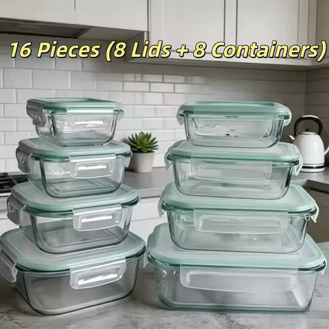 16 PCS(8 Lids+8 Containers) Sealed Glass Food Storage Box, For Salads, Fruits, Vegetables Sandwiches