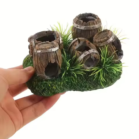 1PC Aquarium Decoration Landscape Combination Wooden Bucket Resin Escape House