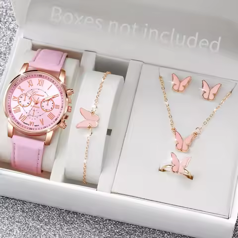 5PCS/Set Geneva Women Watches Fashion Leather Band Quartz Wrist Watch Butterfly Jewelry Set（Without 