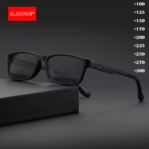 KLASSNUM Reading Glasses Man Trendy Grey Lens Magnifing Glasses Rectangle Eyepiece Men Plus Lens +1.