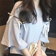 Summer Women's Korean-Style Loose Harajuku Style 3/4 Sleeve Top Clothes Short Sleeve Lace-up Solid Color T-shirt