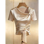 Women's turtleneck t-shirt, tight stretch satin knitted women's t-shirt.