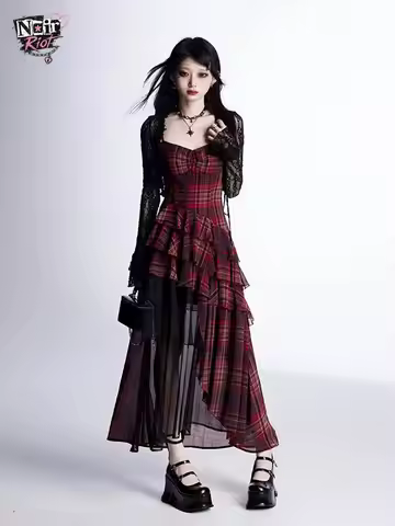 Y2K 2000s Fashion Gothic Vintage 2 Piece Set Women Red Plaid Irregular Hem Cami Dress Lace Cardigan