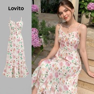 (trendy4)Lovito Boho Ditsy Floral Lace Up Zipper Dress for Women L123ED635
