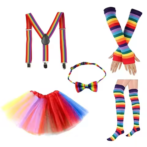 Adult Clown Rainbow Costume Accessories Set Tulle Skirt Fingerless Gloves Long Socks Bow Tie Suspend