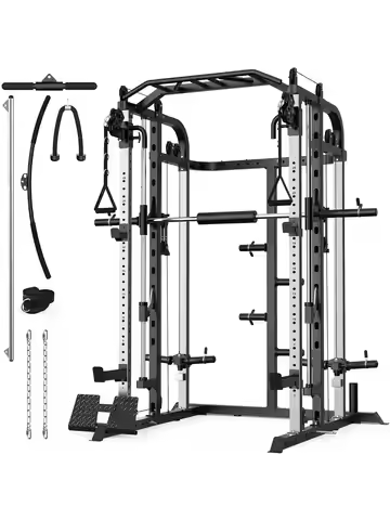Smith Machine, Multifunctional Power Cage Rack with Smith Bar and Cable Pulley System, and LAT Pull
