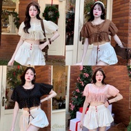 BA105 TARA Crop Top Doll Sleeves Front Buttons Decorated With Ruffles Polka Dot Bamboo Fabric