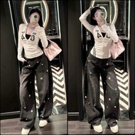 Women's High Waist Straight Jeans Length 103cm 5 sizes S - 2XL Rent pattern in smoky black tones, so