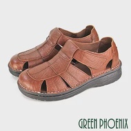【GREEN PHOENIX】男 涼鞋 護趾 鏤空 手工 寬帶 全真皮 沾黏式 平底 台灣製 US6 咖啡色