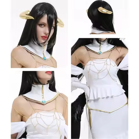 CyAlbedo Cosplay Anime Overlord Cosplay Costume Women White Dress Overlord Albedo Costume Halloween 
