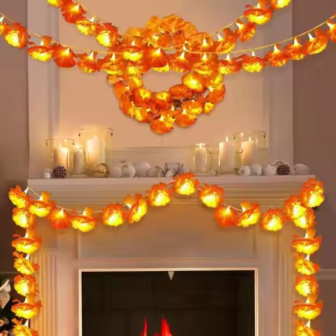 5 Ft LED Orange Marigold Garland Lights for Day of The Dead Halloween Diwali Holiday Party Home Deco