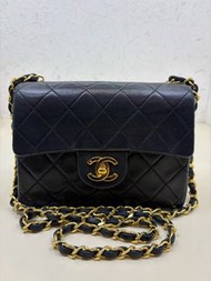 chanel 香奈兒 中古 黑卡1開 黑色金扣方胖子 鏈條包18cm