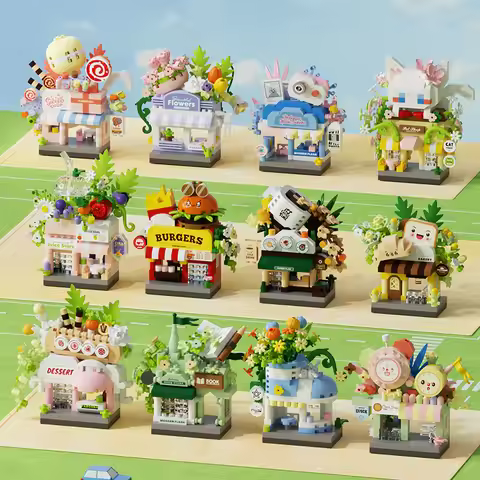 Library Candy Store Pet Store Bread Street View Coffee Shop City Miniature Small Building Blocks Orn