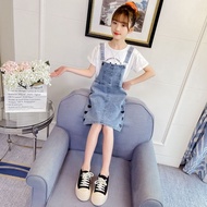 HUANGHU Store "2024 New Korean Style Suspender Denim Skirt for Girls - Trendy Bottoms for Medium and Large Children - Available in Malaysia"