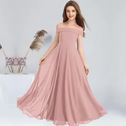 A-line Off the Shoulder Floor-Length Chiffon Junior Bridesmaid Dresses Cabernet Flower Girl Dress We