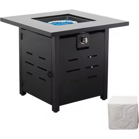 28 Inch Outdoor Square Gas Fire Pit Table with 50,000 BTU, Steel Lid, Blue Crystal Beads, and Waterp