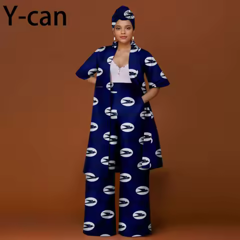 African Coat for Women 2 Piece Suit Set Traditional Ankara Print Jacket and Pants Office Business Ca