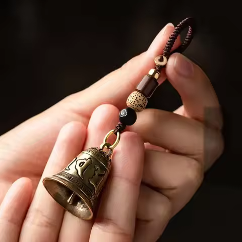 Handmade Vintage Brass Tibetan Buddhism Six-word Mantra Bell Keychains Lanyard Pendants with Rope fo
