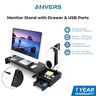 Anvers Monitor Stand with Drawer and USB Ports, Desktop Organizer with Headphone Stand, Multifunctio