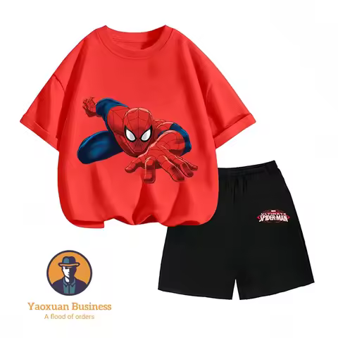 Summer Cool Sports Style Avengers Spider Man Cartoon Round Neck Pure Cotton Trendy Children Suit
