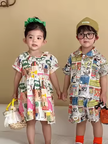 RAISE Children Summer Shirts Outfits Boys Vacation Suit 2026 Kids Girls Print Dress Brother Sister O