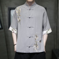 Short Sleeve Shirt Men Loose Shirt Jacket Chinese Style Buttoned Top Chinese Style Men's Tang Suit/z