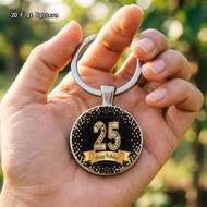 1pc Zinc Alloy 25th Birthday Keychain, Black Golden Sparkling Design with Happy Birthday Banner, Com