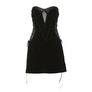 Váy Hở Lưng Ren Kliou Màu Đen Ngọt Ngào Mát Mẻ Váy Hở Lưng Lưới Nữ Dáng Ôm Eo Cao Không Tay Váy Ngắn