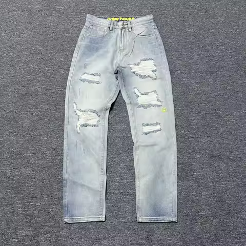 Drew House Men Crystal Holes Ripped Patchwork Jeans Streetwear Light Blue Denim Slim Skinny Pencil P