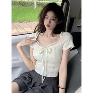 Square Neck Blouse with Lace and Bow Tie, SUPER LUXURY WAVE ELASTIC H8888