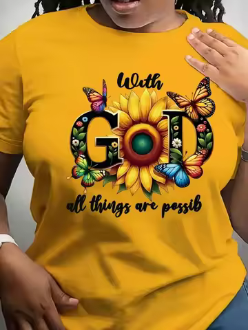 With God All Things Are Possible Women's Tee, Sunflower Butterfly Yellow Top