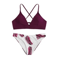 2Pcs/Set Women Bikini Set Cross Straps Cutout Swim Top Slimming High-leg Shorts Set Beach Pool Vacat