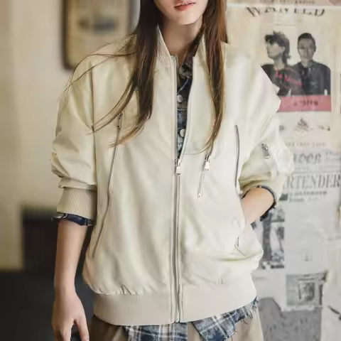 Maden Women's L2B Flight Bomber Jacket Vintage Baseball Style Lightweight Ivory White Short Zip-Up C