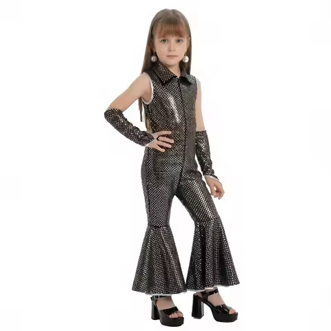 Girls Sparkle Flare Jumpsuit Party Costume Halloween Cosplay Disco Outfit 70s 80s Prom costume