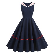 60s Vintage Navy Style Dress Sleeveless Hepburn Style Dress for Women