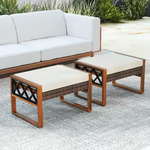 2 PCS PE Rattan Wicker Ottomans Outdoor Patio Footstools Multipurpose Furniture