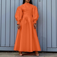 VONDA | เดรสออกงานผู้หญิงไซส์ใหญ่ 5XL VONDA ดีไซน์หรูหรา คอตั้ง แขนยาวพอง ผ้าซาตินเนื้อนุ่ม สไตล์ลำล