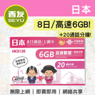 中國聯通 - 【日本】8日 6GB 4G 無限上網卡 上網咭 sim咭 電話卡 20通話分鐘