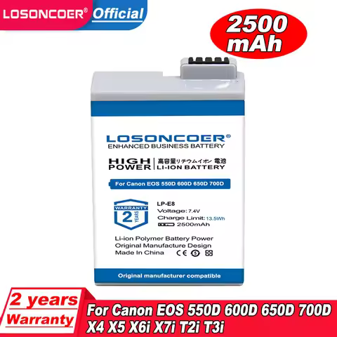 LOSONCOER Battery 2500mAh LP-E8 LPE8 Battery For Canon EOS 550D 600D 650D 700D Kiss X4 X5 X6i X7i Re