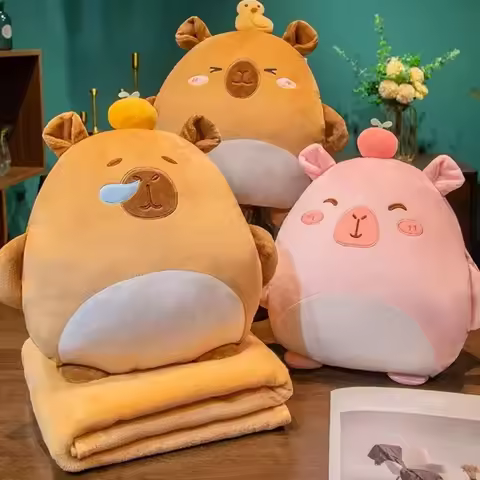 3-in-1 Capybara Throw Pillow PP Cotton Filled Animal Pattern Plush Pillow Blanket Storage Design Sof