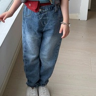 Young Girl 4-Piece Set Barrel Jeans, Asymmetric Elastic Waistband, Button Closure, Casual Simple All