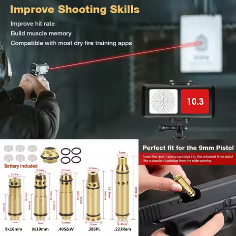 9mm Dry Fire Laser Training Practice 7.62x39mm 9x19mm/380ACP/223Rem Laser Bore Sight With Snap Cap A