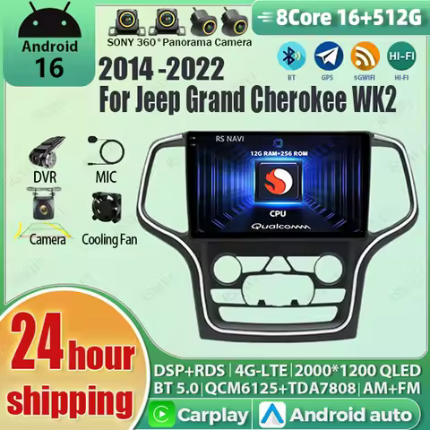 Android 16 Carplay Auto Qualcomm 2K QLED Screen Car Radio Player For Jeep Grand Cherokee WK2 2014-20