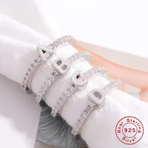 S925 Sterling Silver Letter A-Z Ring English Initial Rings Open Adjustable Finger Rings for Women Pe