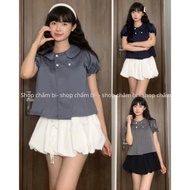 Women's shirt AP.855, Lotus collar short-sleeved shirt with 4 jade buttons, crop top style, easy to 