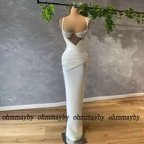 Sheath White Beading Prom Gowns New Arrived Spaghetti Strap Pleat Summer Real pIcture Sleeveless Wom