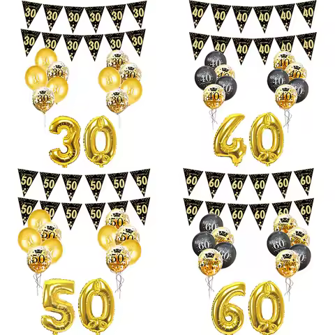 30/40/50/60 Years Old Black Gold Adult Birthday Number Balloon Anniversary Decor Happy Birthday Ball