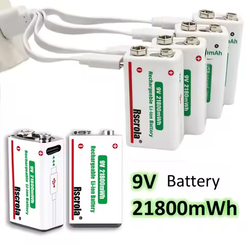 Type-C Charge 9V Battery, 21800mWh Rechargeable 9 Volt Li-Ion Batteries with Charging Cable, for Smo